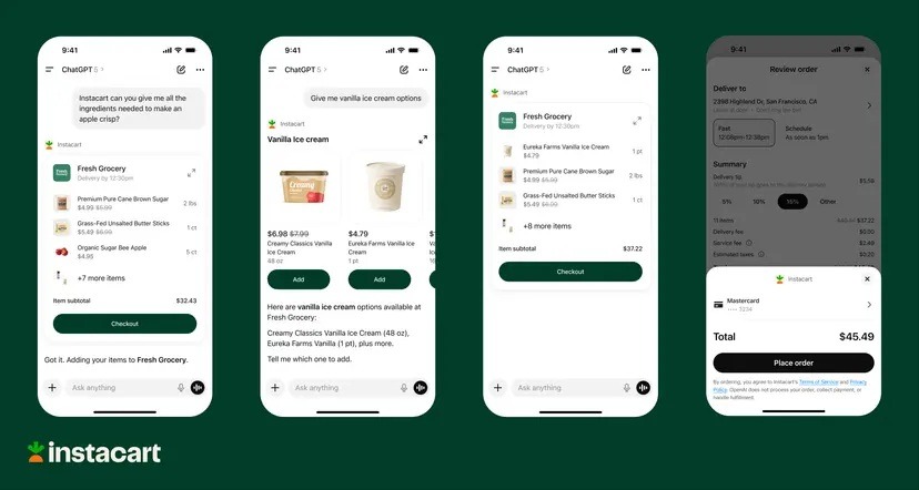 Instacart checkout agentic commerce experience embedded in OpenAI's ChatGPT.
